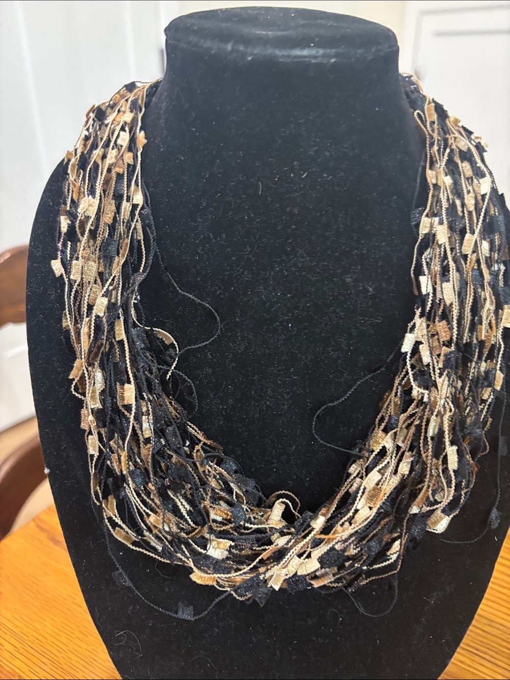 Multi-Strand Black and Gold Textile Statement Necklace